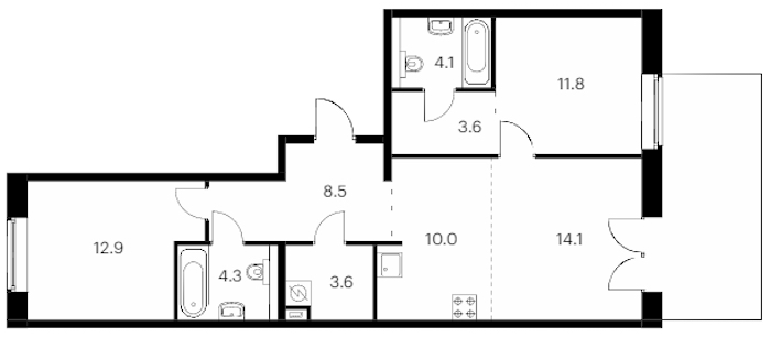 2-комнатная квартира 77.2 м², 1/9 эт., ЖК «Лермонтовский 54»